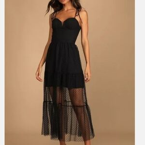 Lulu’s Black Polka Dot Mesh Tiered Midi Dress sz XL